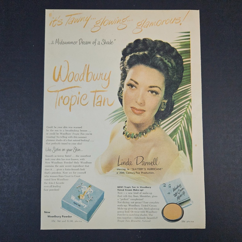 1949 Woodbury Tropic Tan Powder Tinted Make-Up‎ Vintage Print Ad Linda Darnell
